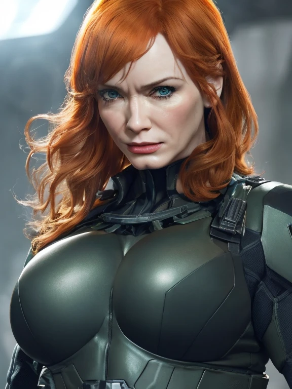 Imaginez Christina Hendricks dans le rôle d&#39;un personnage de Metal Gear Solid, Personnage féminin puissant, cheveux orange courts ondulés et yeux bleu vif, 4, étude du visage de haute qualité de Christina Hendricks, poitrine généreuse, décolleté profond, (Pommettes sculptées de Christina et légères rides autour du visage), mascara, Le fard à paupières, rouge à lèvres, des lèvres charnues, étude complexe de haute qualité du physique plantureux de Christina Hendricks, traits du visage frappants et matures, construction agile et athlétique, (Résistant: Gants sans doigts, costume moulant, combinaison furtive noire et verte, découpe de décolleté, ceinture utilitaire, brassards métalliques, bottes blindées, étuis à armes à feu), Le costume est si serré que les seins de Christina Hendricks y rentrent à peine, La combinaison met en valeur sa furtivité et ses prouesses au combat. Présence furtive et redoutable du personnage, rendu hyper réaliste pour capturer chaque détail, mettant en valeur la maîtrise de l’art du portrait numérique, qualité photoréaliste ultime, expression faciale très détaillée mettant en valeur la détermination et la stratégie du personnage, des notes subtiles d&#39;éléments high-tech et militaristes reflétant la véritable essence de l&#39;univers Metal Gear Solid, couleurs vibrantes avec des gris profonds et des tons froids contrastés, créer un portrait visuellement saisissant et captivant.
