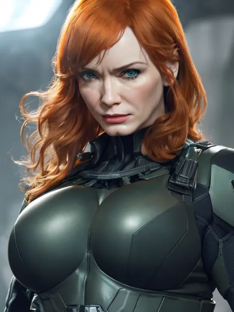 imagine christina hendricks as a metal gear solid character, powerful female character, short wavy orange hair and bright blue e...