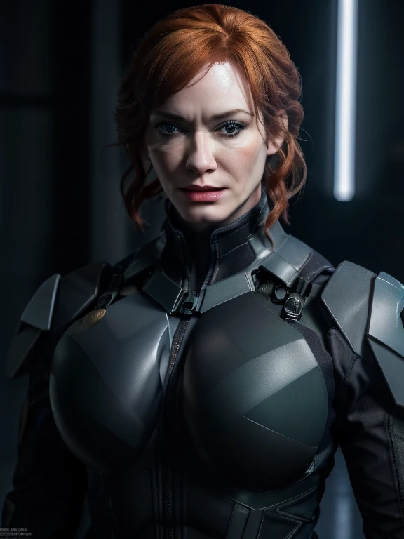 Imagine Christina Hendricks as a Metal Gear Solid character, powerful female character, short wavy orange hair and bright blue eyes, 48 years old, high-quality face study of Christina Hendricks, buxom chested, deep cleavage, (Christina's sculpted cheekbones and slight wrinkles around the face), mascara, eyeshadow, red lipstick, plump lips, intricate high-quality study of Christina Hendricks buxom physique, striking and mature facial features, agile and athletic build, (Wearing: Fingerless Gloves, skin-tight suit, black and green stealth suit, cleavage cutout, utility belt, metallic armlets, armored boots, gun holsters), The suit is so tight that Christina Hendricks breasts barely fit in it, The suit emphasizes her stealth and combat prowess. Stealthy and formidable presence of the character, hyper-realistic rendering to capture every minute detail, showcasing the mastery of digital portrait artistry, ultimate photorealistic quality, highly detailed facial expression showcasing the determination and strategy of the character, subtle hints of high-tech and militaristic elements reflecting the true essence of the Metal Gear Solid universe, vibrant colors with deep gray’s and contrasting cool tones, creating a visually striking and captivating portrait.
