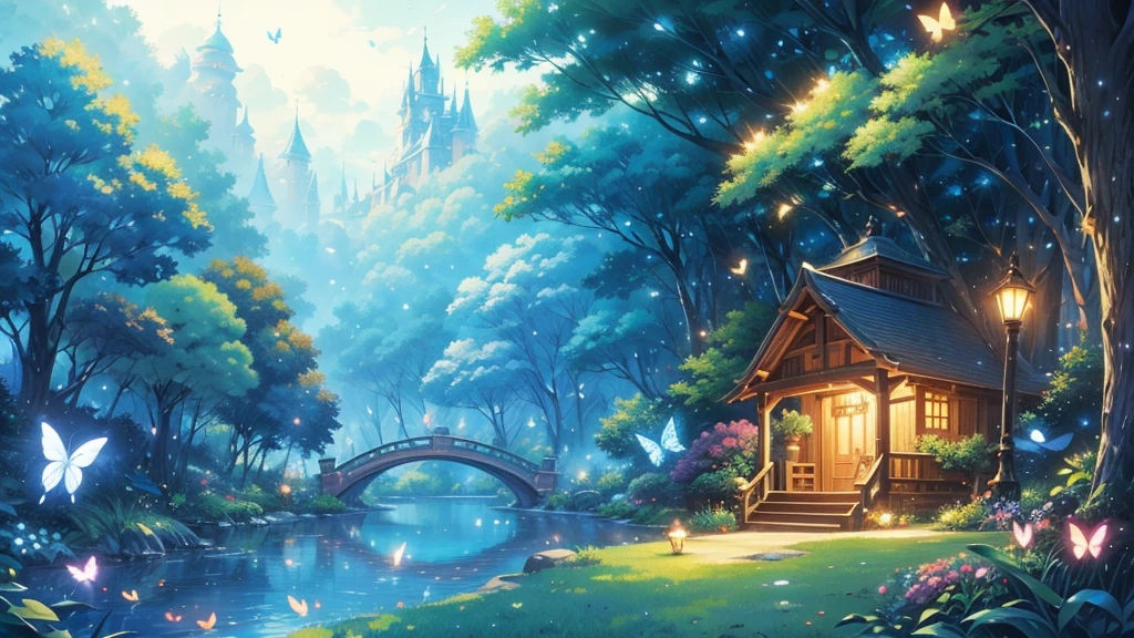 Studio ghibli, enchanted landscapes with lights , butterflies, fireflies, etc
