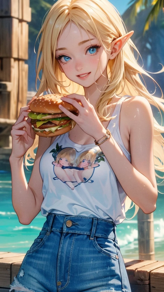 work of art, epic details, ultra detaild, best resolution, Woman, blonde, (BEAUTIFUL ELF), tied up hair, ((rosto angelical)), sculptural body, wearing denim shorts and a white tank top, ((perfect hands))), ((expression of happiness)), (Grinning), great smile, Simple smile, Scenario: a snack bar, supper: eating a hamburger, no mistakes, (((epic details na face))), (((ultra perfect eyes))), recatada