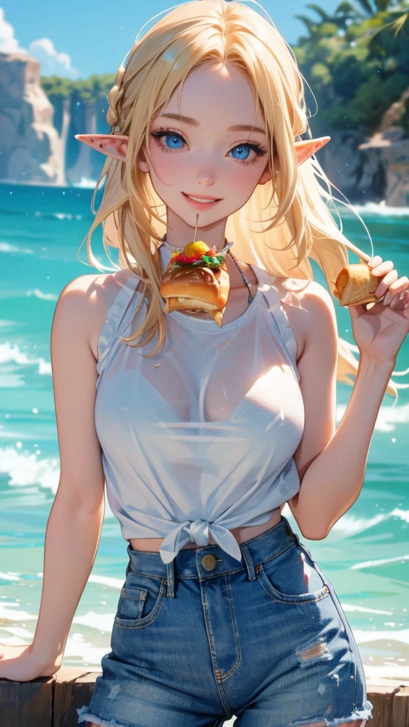 work of art, epic details, ultra detaild, best resolution, Woman, blonde, (BEAUTIFUL ELF), tied up hair, ((rosto angelical)), sculptural body, wearing denim shorts and a white tank top, ((perfect hands))), ((expression of happiness)), (Grinning), great smile, Simple smile, Scenario: a snack bar, supper: eating a hamburger, no mistakes, (((epic details na face))), (((ultra perfect eyes))), recatada