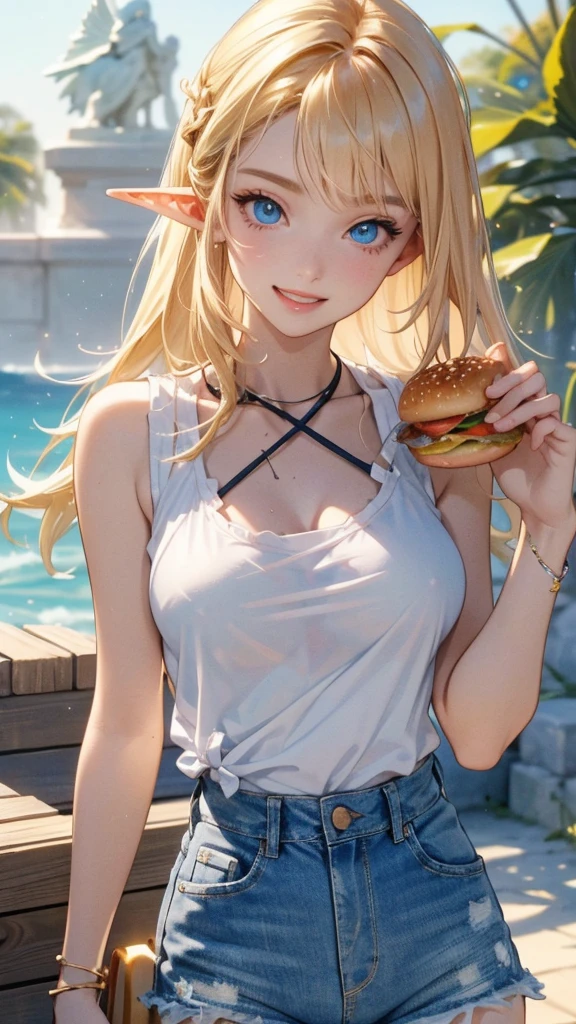 work of art, epic details, ultra detaild, best resolution, Woman, blonde, (BEAUTIFUL ELF), tied up hair, ((rosto angelical)), sculptural body, wearing denim shorts and a white tank top, ((perfect hands))), ((expression of happiness)), (Grinning), great smile, Simple smile, Scenario: a snack bar, supper: eating a hamburger, no mistakes, (((epic details na face))), (((ultra perfect eyes))), recatada