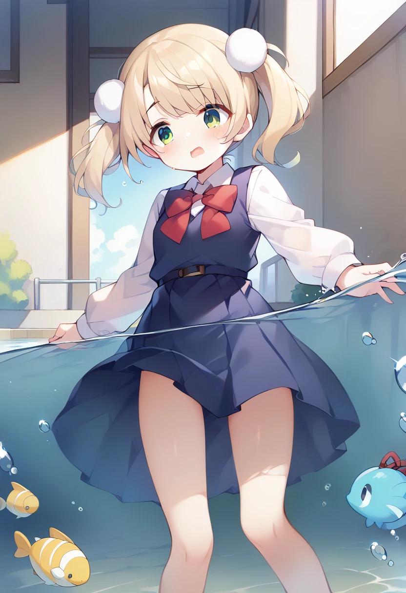 masterpiece, score_9, score_8_up, score_7_up, best quality, ShigureUI-PXL, white shirt, bionde, green eyes, flat, Dark blue dress, Red bow, Pigtails, hair Pom pom, indoors, shiny hair, cuteポーズ, (Completely flooded)、((The skirt spreads over the water surface.))、(Drowning), Immersed in water、Transparent pool, Water Play, Primary school students、Skirt fully open、Long wide skirt、cute、blush、Watery eye、Lots of water、Wet