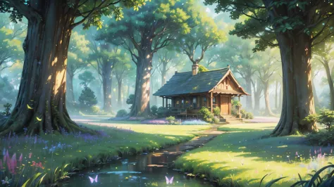 highly detailed, studio ghibli style landscape, enchanted meadow, lush greenery, vibrant colors, warm lighting, fireflies, butte...