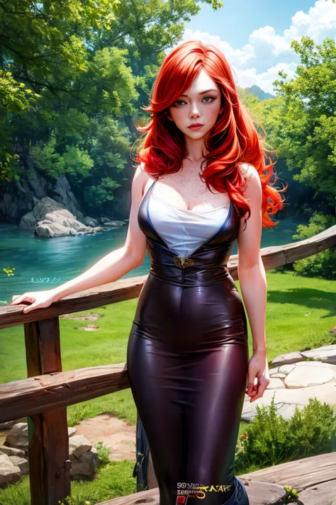 a beautiful ginger-haired woman, 1 girl, freckles, 28 years old, long red hair in double tails, wearing practical pirate clothin...