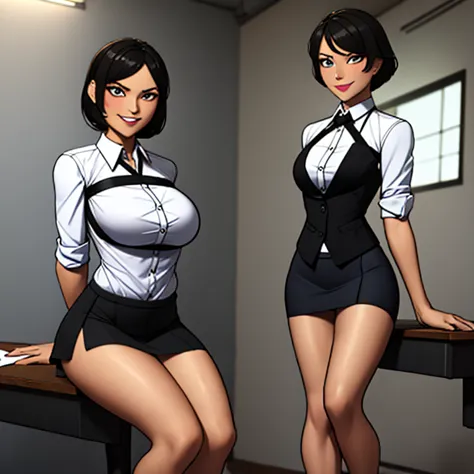 ultra-detailed,athletic bodies,bob hair,(makeup:1.2), smile, gazing at viewer, business attire, business suit, short skirt, whit...