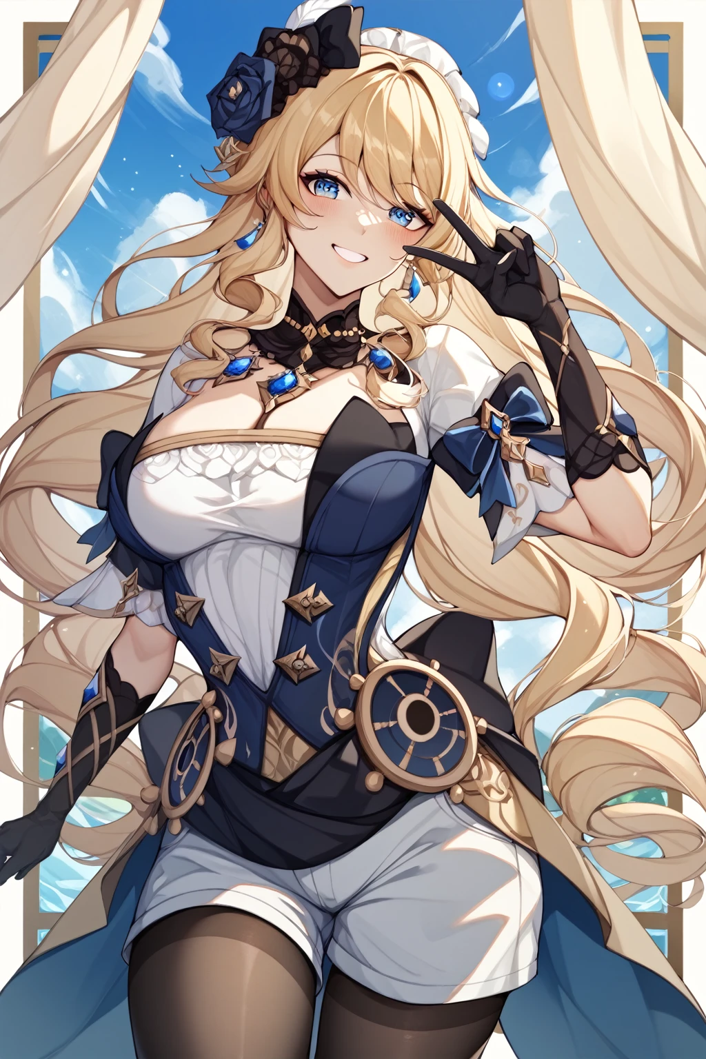 Genshin impact、Navia、big tits milf、big milf、solo、Navia、tall woman, with light skin, blue eyes, long blonde hair, hair style original, alternate costume、look at viewer、black pantyhose、gloves、blue tie、white shorts、short sleeve、stage、Stage Lights、Spotlight、peace sign、dutch angle、smile