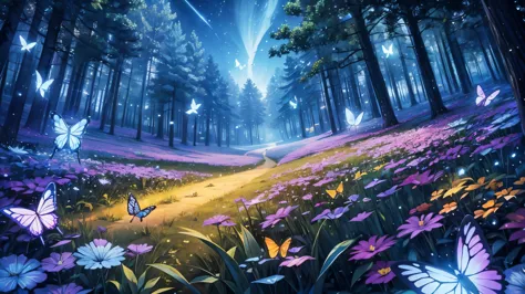 enchanted landscapes with lights , butterflies, fireflies, etc