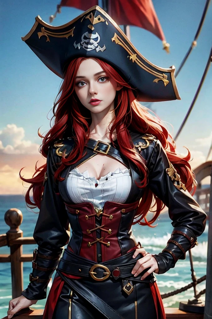 English woman,1girll,Lovely and beautiful Fas,28 year old,Red hair,double tails, Practical pirate clothing, (Long-sleeved pirate top), Skirt,Torn pirate hat, view the viewer, fantasy,Cinematic lighting,Masterpiece,