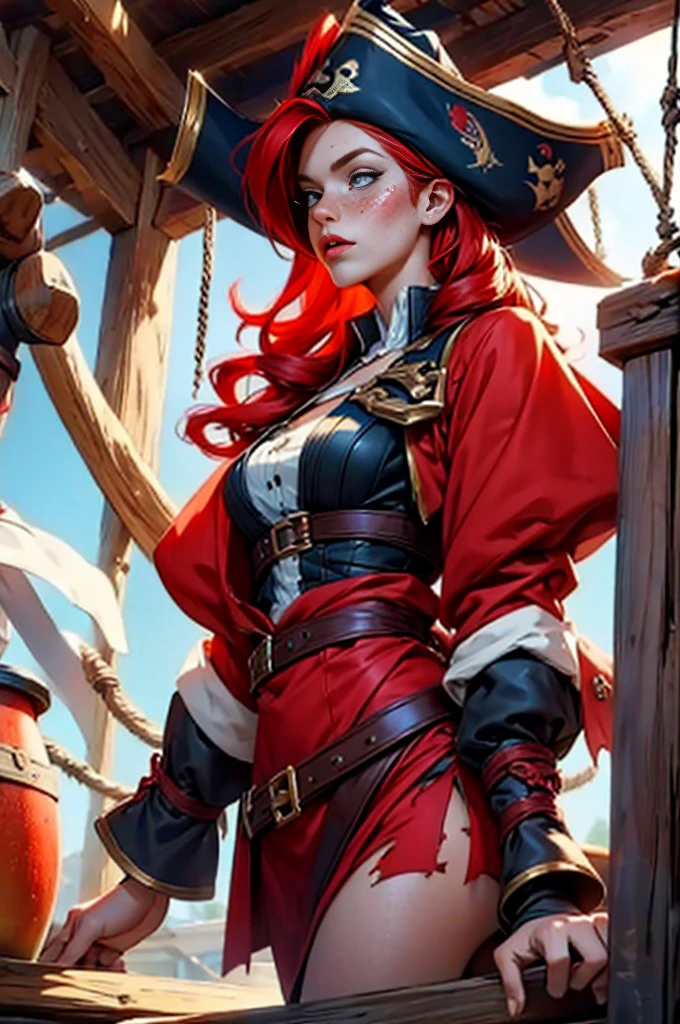 Ginger woman,1girll,freckles,28 year old,Red hair,double tails, Practical pirate clothing, (Long-sleeved pirate top), Skirt,Torn pirate hat, view the viewer, fantasy,Cinematic lighting,Masterpiece,