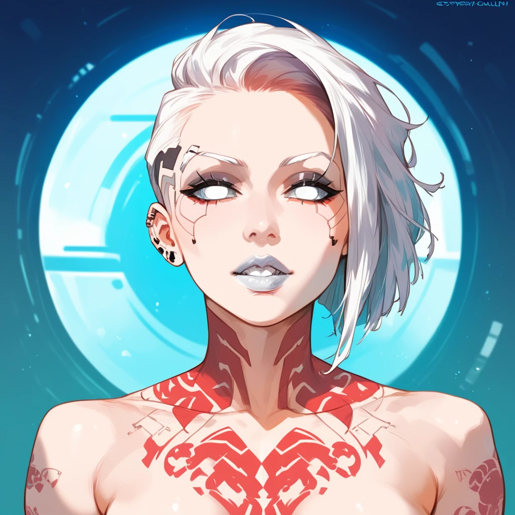 mixed_artwork style, 1 girl, standing alone, hands, beautiful woman, Asian, spiky white hair, shark teeth, vintage/cyberpunk white pour, White lipstick, white eyes, face piercing, white tattoos on the body, printed skeletons, rebel, synthetic body, realistic, textures, 8K, perfect hand, perfect anatomy, visible curves, small Breasts, SFW