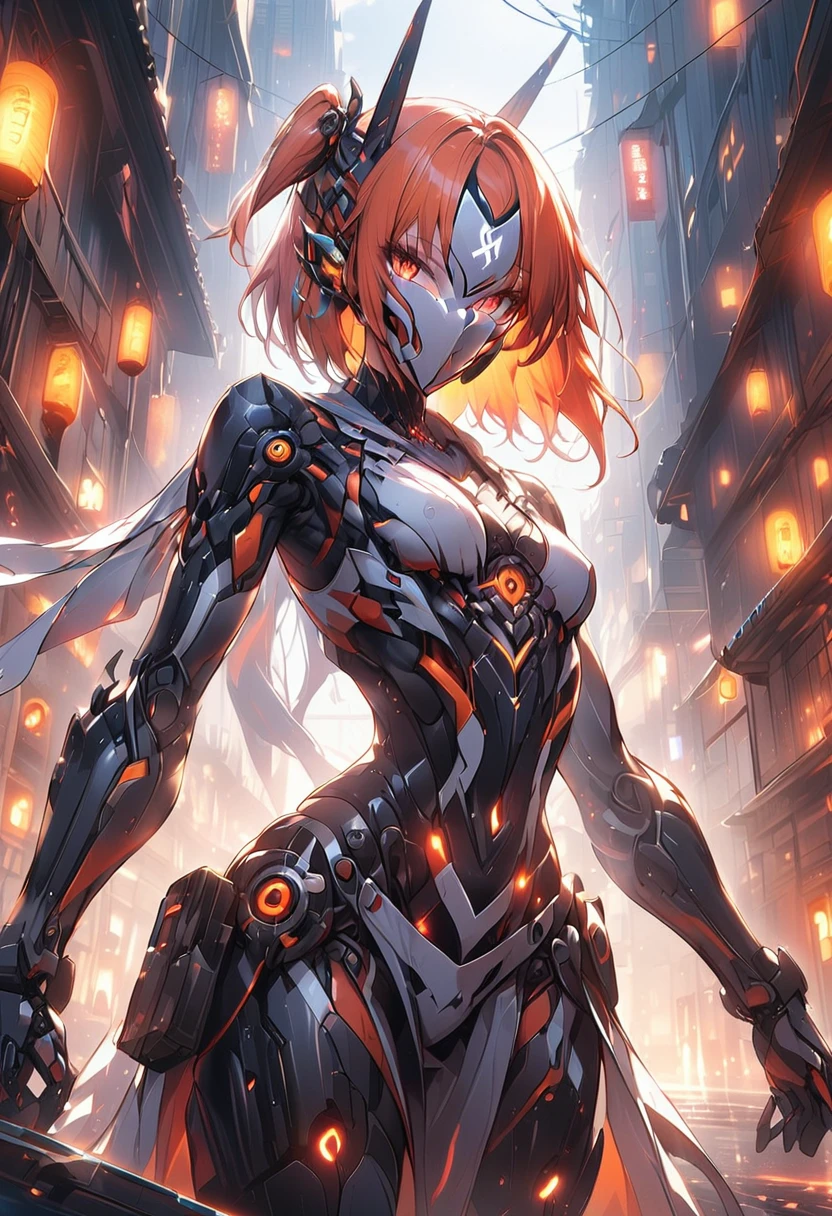 ((masterpiece,High resolution,Highest quality,8k))
(Misty_Pokemon)(One 18-year-old woman)
(short hair,Orange Hair,one side up hair,Small breasts,Skinny)(Female Robot,60% mechanical body,mechanical headgear,Full Face Mask)
(Red and orange lights)