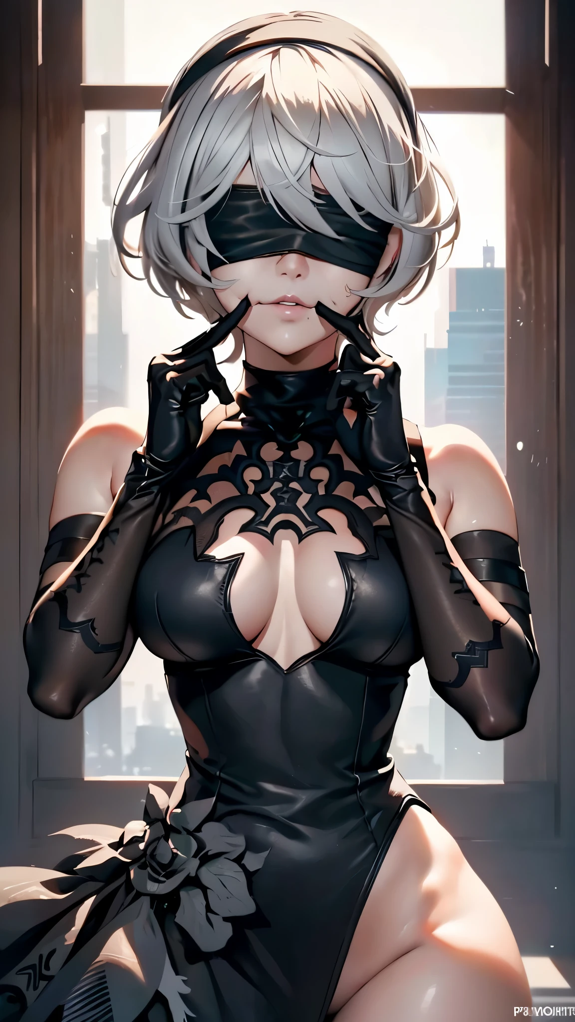 1 girl(YoRHa 2-gou B-gata "2B" - Nier: Automata), (black blindfold:1.5), black hairband, blindfold, hairband, short hair, white hair, beautiful detailed lips, extremely detailed face, longeyelashes, detailed skin, slender sexy body, toned skin, sharp facial features, high cheekbones, long elegant legs, crouching pose, fingersmile, finger to mouth, (best quality,4k,8k,highres,masterpiece:1.2),ultra-detailed,(realistic,photorealistic,photo-realistic:1.37),cinematic lighting,dramatic lighting,dramatic shadows,high contrast,chiaroscuro,moody,sensual,erotic,nsfw