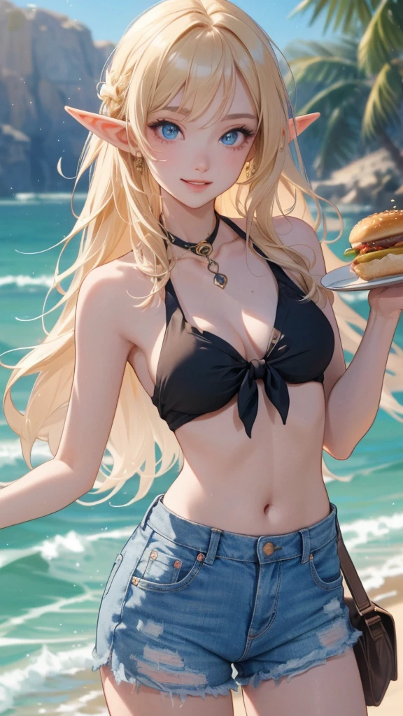 work of art, epic details, ultra detaild, best resolution, Woman, blonde, (BEAUTIFUL ELF), tied up hair, ((rosto angelical)), sculptural body, wearing denim shorts and a white tank top, ((perfect hands))), ((expression of happiness)), (Grinning), great smile, Simple smile, Scenario: a snack bar, supper: eating a hamburger, no mistakes, (((epic details na face))), (((ultra perfect eyes))), recatada