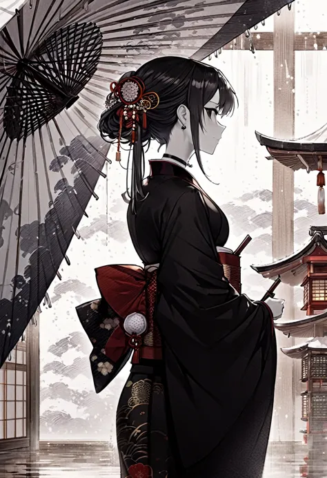 ink,black and white painting,splash,upper body.profile,(a kimono with a wide open back collar that allows the back to be seen fr...