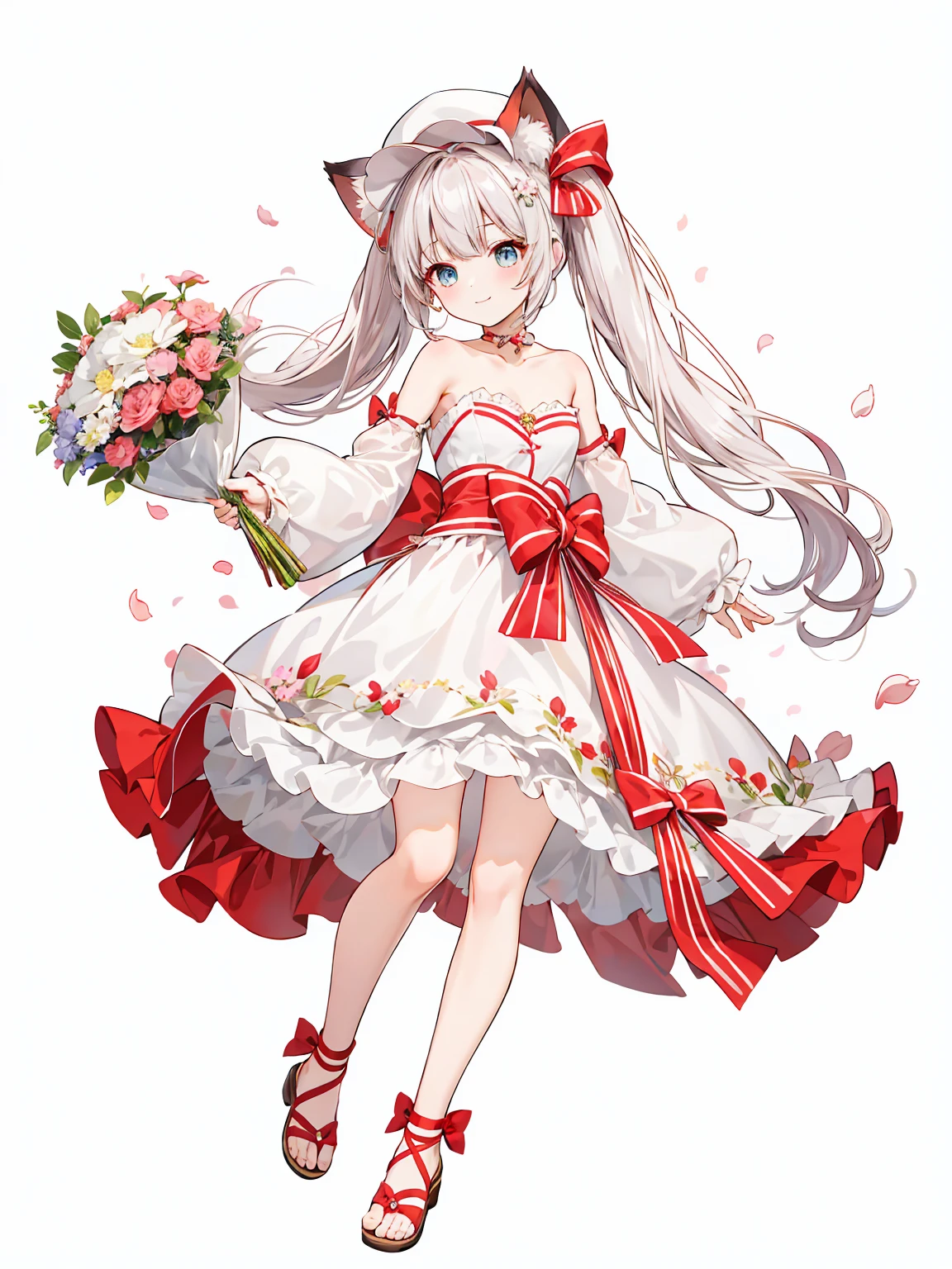 Full body ,dynamic Standing ,(เหมือนจริง:1.37)、Full body ,(ผลงานชิ้นเอก), Chattotori， 1girll， pink sleeve， solo，Cat ears， Long ponytail，Gorgeous cake dress， full bodyesbian，adolable， a skirt， looking at viewert， shift dresses， exposed bare shoulders， Bare legs， Beautiful detailed eyes， Be red in the face， standing on your feet， clavicle， No shoulder strap， bucket-hat， Footwear， leges， frilld， flatchest， short skirt， Bow knot， longer sleeves， arms at sides， beatiful background，beautiful illustration, best quality, cute girl, happy, dynamic angle, armpit,masterpiece, best quality, 1girl, solo, long_hair, looking_at_viewer, white hair twintails, grees eyes, smile, bangs, white princess dress, long_sleeves, hat, dress, bow, holding, closed_mouth, flower, frills, hair_flower, petals, bouquet, holding sword, center_frills, bonnet, holding_bouquet, tachi-e, full body , พื้นหลังสีขาว , (Full body:1.5), Blank white background, (white background), Transparent background, looking down, ((masterpiece, illustration, best quality)) 