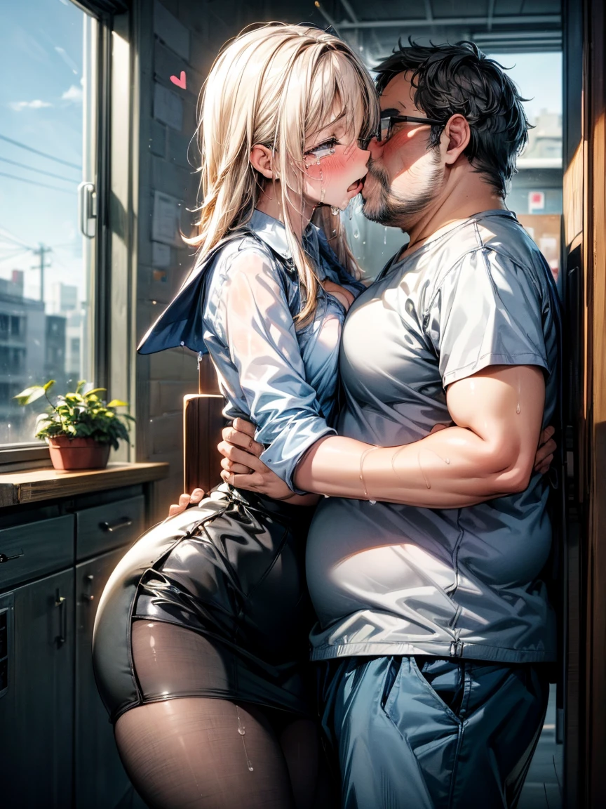 (One Girl, Fat middle-aged man:1.2), 破れたpantyhose, pantyhose, White shirt, Pencil Skirt, blush, (kiss), (hug), office, Very detailed, High resolution, 4K, masterpiece, High resolution、(tears:1.8)、(Clothes are see-through:1.2)、heart、rape、