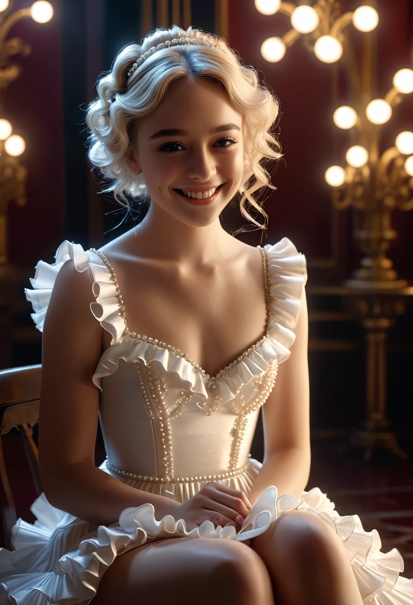 highly detailed, 8k, masterpiece, One girl, pearl white frills_hair_tube, dress, bend_that's all , Grin, (perfection_face), Sitting, machine, Brilliant, Complex, Dramatic lighting, 4K, detailed_background, Caustics, full_body, (Surreal:1.3), bloom,(Beautiful lighting:1.3), Caustics, Dynamic Lighting, Beautiful lighting, (Dakota Fanning:0.5) 