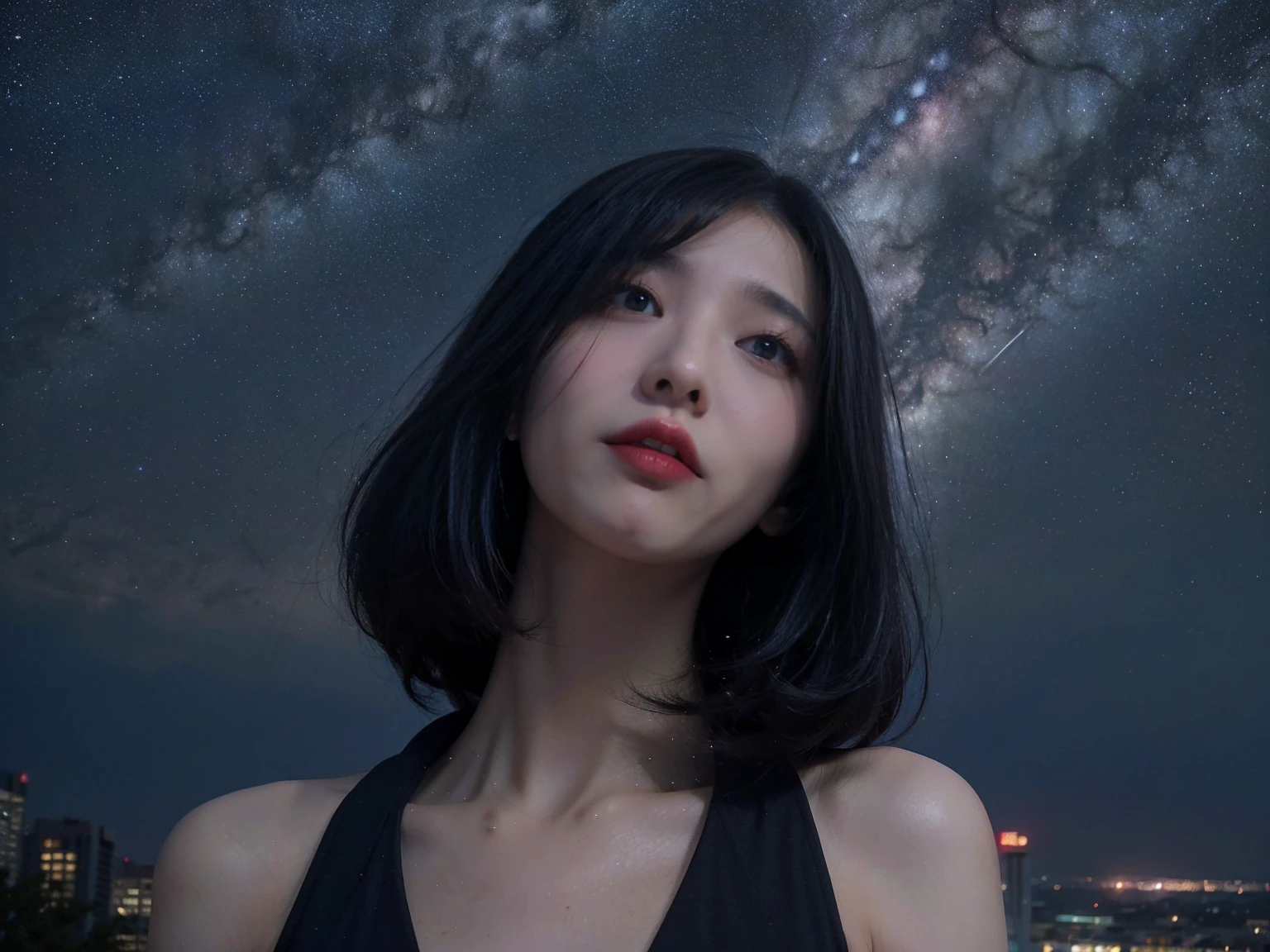 minimum, harmony, aesthetic, fantastic scene, Dystopia, (night, Starry Sky:1.4), Broken Building,  The starry sky creates a mystical atmosphere, Girl looking up at the sky, 24-years-old, slender, Medium Hair, bangs, (Gothic_Punk:1.2), masterpiece, best quality, RAW Photos, photorealistic, depth of field, candytt