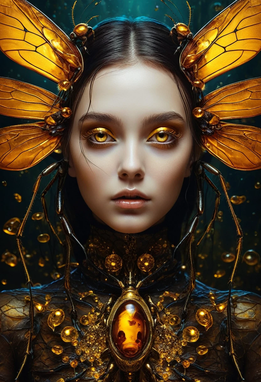 Hybridexa insect deep in amber, A dark and mysterious world unfolds, A surreal dead girl with liquid gold eyes wanders around, Lost in amber&#39;s mysterious dream world, surrealism