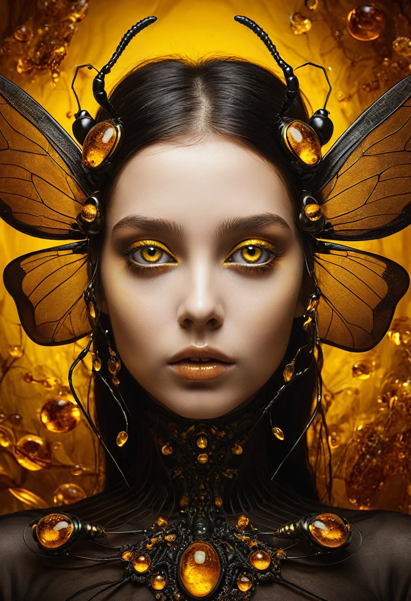 Hybridexa insect deep in amber, A dark and mysterious world unfolds, A surreal dead girl with liquid gold eyes wanders around, Lost in amber&#39;s mysterious dream world, surrealism