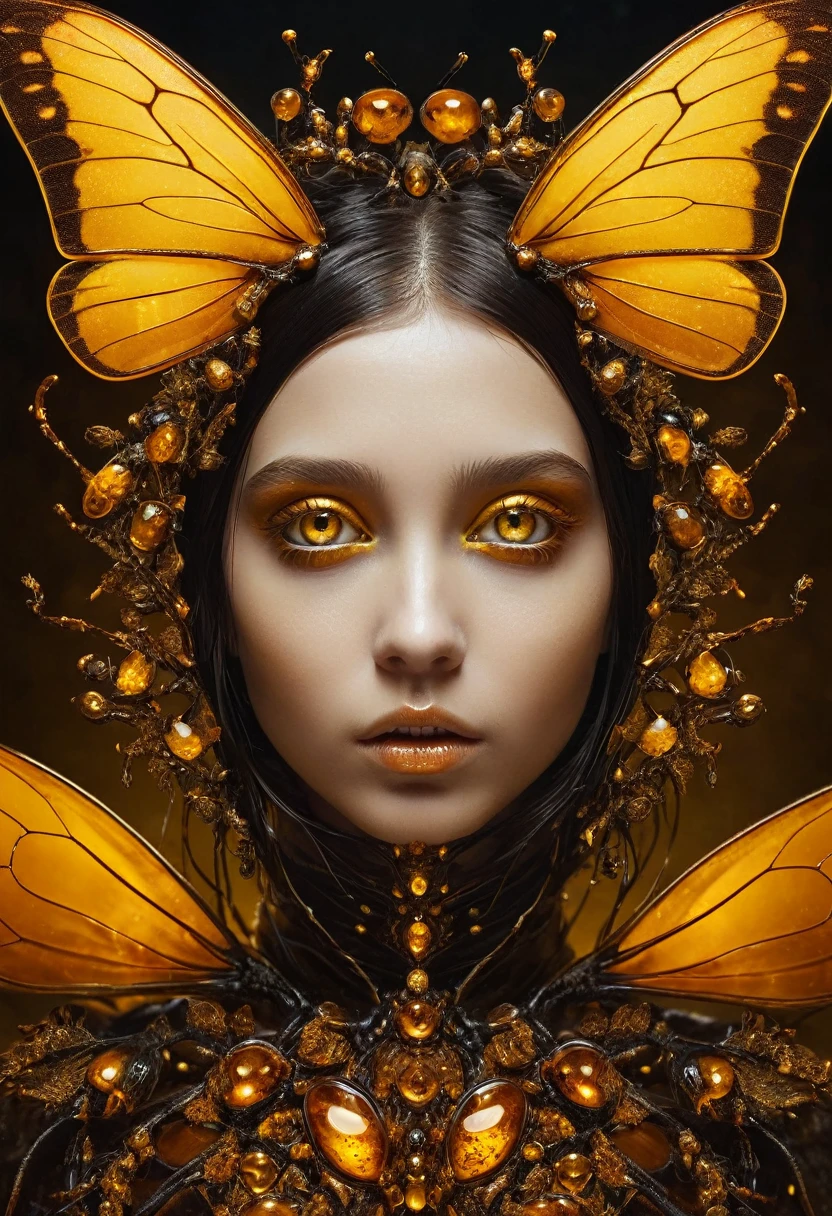 Hybridexa insect deep in amber, A dark and mysterious world unfolds, A surreal dead girl with liquid gold eyes wanders around, Lost in amber&#39;s mysterious dream world, surrealism