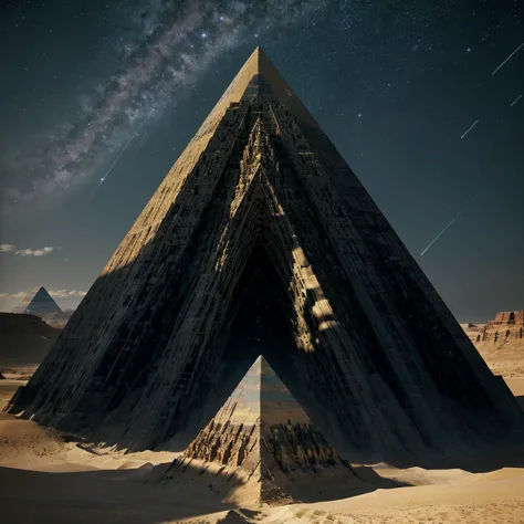 a closeup of a pyramid in the desert with a star in the sky, beeple y jean giraud, dmt waves, ancient megastructure pyramid, cos...