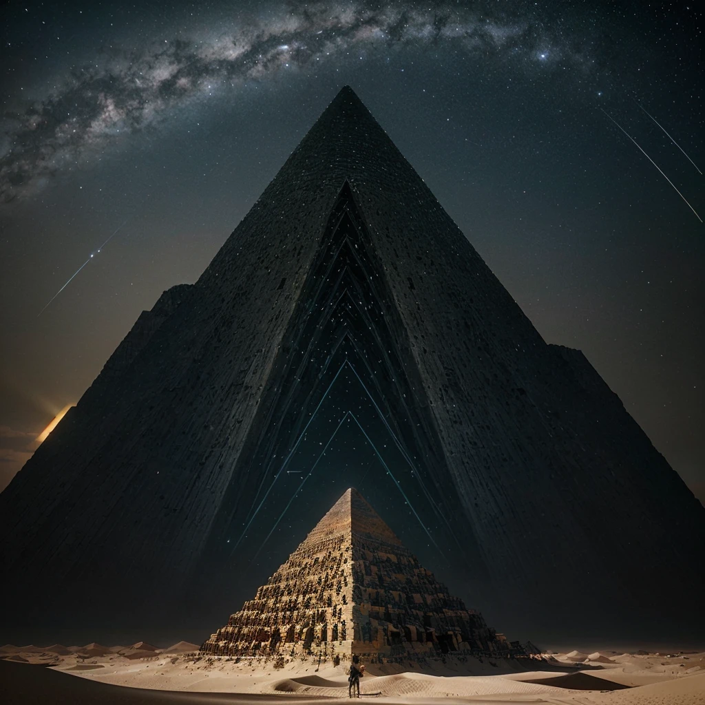 a closeup of a pyramid in the desert with a star in the sky, Beeple y Jean Giraud, DMT Waves, ancient megastructure pyramid, cosmic energy cables, Infinite quantum waves, lighting tripping on dmt, galactic temple, Beeple and Mike Winkelmann, dmt temple, por Mike Winkelmann, Foreground a vast desert with beautiful dunes which have different sizes, some larger than others, These look like fine, soft sand., It seems that they are moved by a delicate wind, plays with the shadows that they cast. From the camera angle it appears to be a first-person shot., Well, it is from the visual perspective as if I were looking straight at the entire scene., From that angle you can see a straight translucent path of different colors that makes its way through the middle of the desert.. This translucent path of colors takes the viewer to a colossal pyramid that is in full radiance., This pyramid has a particular shape since from the front it can be seen that it has many steps that lead to what appears to be a flat base and that it has a large statuette carved in stone of two intertwined snakes that form the figure of human DNA.. This landscape is wrapped in a night atmosphere where the observable sky is illuminated by stars and nebulas of beautiful colors., which means that the landscape was from a very early period in that place. The image details are impressive, It seems like a landscape out of this time and plane, something incredible for what has always been seen by human beings.