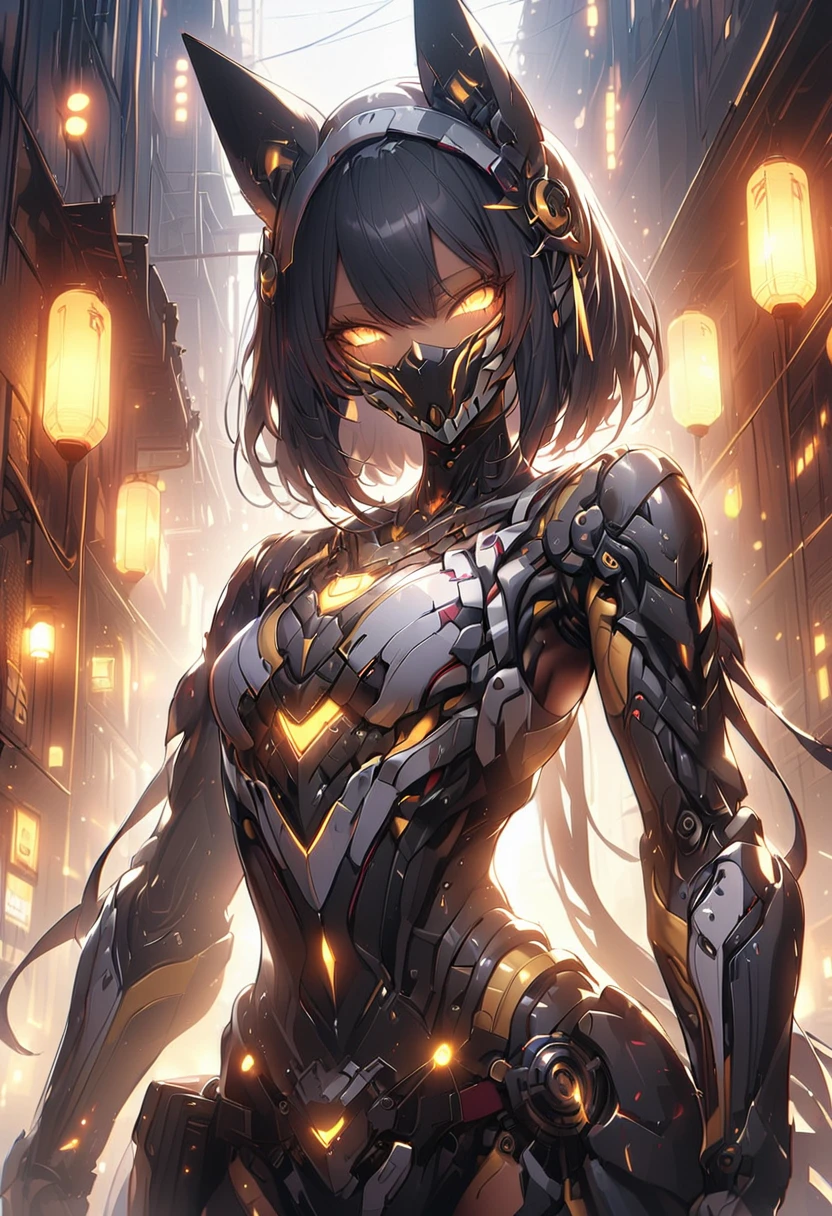 ((masterpiece,High resolution,Highest quality,8k))
(One dark-skinned woman,15 years old,Flat Chest,slender,Black hair bob cut,Dark Skin)(Female Robot,60% mechanical body,mechanical helmet,Face-hiding helmet)
(Black and yellow lights)Anubis the God