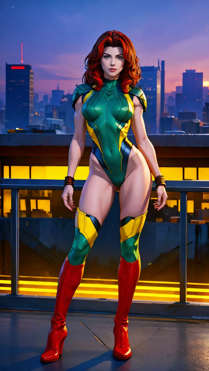 ((Full body photo, standing, feet on the floor)) (best quality,4k,8k,highres,masterpiece:1.2),ultra-detailed,(realistic,photorealistic,photo-realistic:1.37),full body shot,Rogue,X-Men,yellow thigh high boots,beauty pose, standing tall, show feet, outside, city rooftop at night, red headband