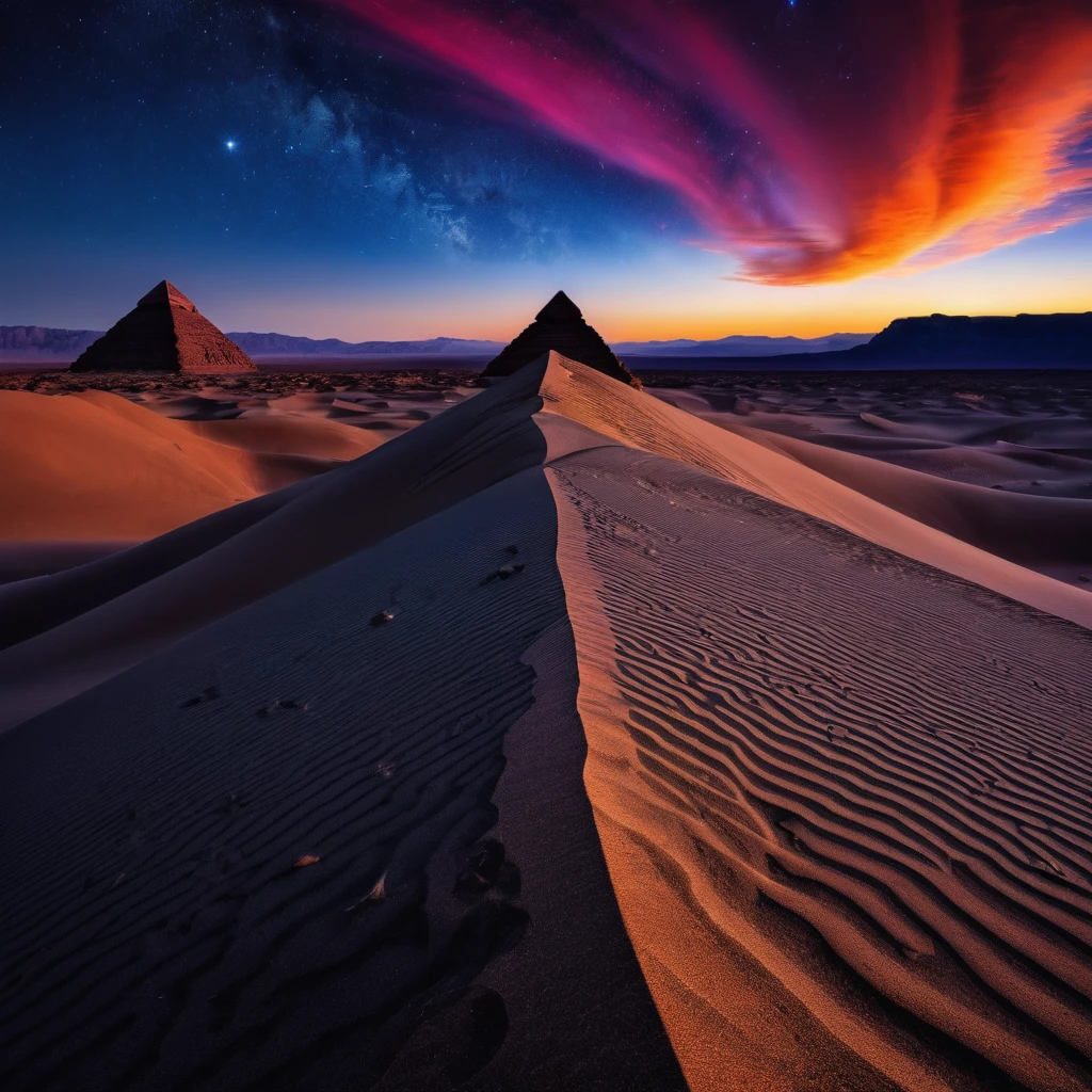 (realist) (masterpiece) (Photography) (ultra definition) Foreground a vast desert with beautiful dunes which have different sizes, some larger than others, These look like fine, soft sand., It seems that they are moved by a delicate wind, plays with the shadows that they cast. From the camera angle it appears to be a first-person shot., Well, it is from the visual perspective as if I were looking straight at the entire scene., From that angle you can see a straight translucent path of different colors that makes its way through the middle of the desert.. This translucent path of colors takes the viewer to a colossal pyramid that is in full radiance., This pyramid has a particular shape since from the front it can be seen that it has many steps that lead to what appears to be a flat base and that it has a large statuette carved in stone of two intertwined snakes that form the figure of human DNA.. This landscape is wrapped in a night atmosphere where the observable sky is illuminated by stars and nebulas of beautiful colors., which means that the landscape was from a very early period in that place. The image details are impressive, It seems like a landscape out of this time and plane, something incredible for what has always been seen by human beings. ((All elements must be frontal))