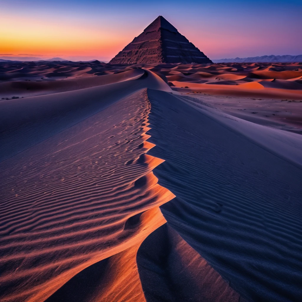 (realist) (masterpiece) (Photography) (ultra definition) Foreground a vast desert with beautiful dunes which have different sizes, some larger than others, These look like fine, soft sand., It seems that they are moved by a delicate wind, plays with the shadows that they cast. From the camera angle it appears to be a first-person shot., Well, it is from the visual perspective as if I were looking straight at the entire scene., From that angle you can see a straight translucent path of different colors that makes its way through the middle of the desert.. This translucent path of colors takes the viewer to a colossal pyramid that is in full radiance., This pyramid has a particular shape since from the front it can be seen that it has many steps that lead to what appears to be a flat base and that it has a large statuette carved in stone of two intertwined snakes that form the figure of human DNA.. This landscape is wrapped in a night atmosphere where the observable sky is illuminated by stars and nebulas of beautiful colors., which means that the landscape was from a very early period in that place. The image details are impressive, It seems like a landscape out of this time and plane, something incredible for what has always been seen by human beings. ((All elements must be frontal))