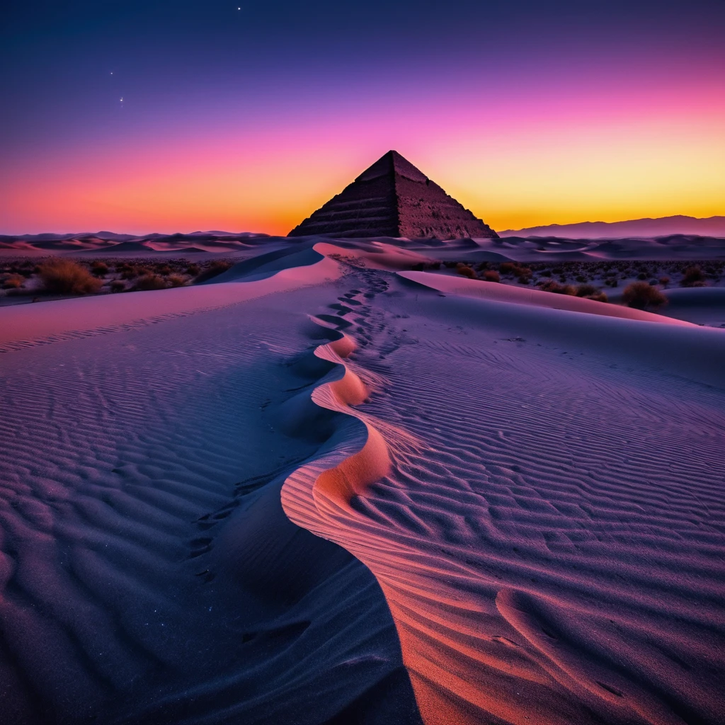 (realist) (masterpiece) (Photography) (ultra definition) Foreground a vast desert with beautiful dunes which have different sizes, some larger than others, These look like fine, soft sand., It seems that they are moved by a delicate wind, plays with the shadows that they cast. From the camera angle it appears to be a first-person shot., Well, it is from the visual perspective as if I were looking straight at the entire scene., From that angle you can see a straight translucent path of different colors that makes its way through the middle of the desert.. This translucent path of colors takes the viewer to a colossal pyramid that is in full radiance., This pyramid has a particular shape since from the front it can be seen that it has many steps that lead to what appears to be a flat base and that it has a large statuette carved in stone of two intertwined snakes that form the figure of human DNA.. This landscape is wrapped in a night atmosphere where the observable sky is illuminated by stars and nebulas of beautiful colors., which means that the landscape was from a very early period in that place. The image details are impressive, It seems like a landscape out of this time and plane, something incredible for what has always been seen by human beings. ((All elements must be frontal))