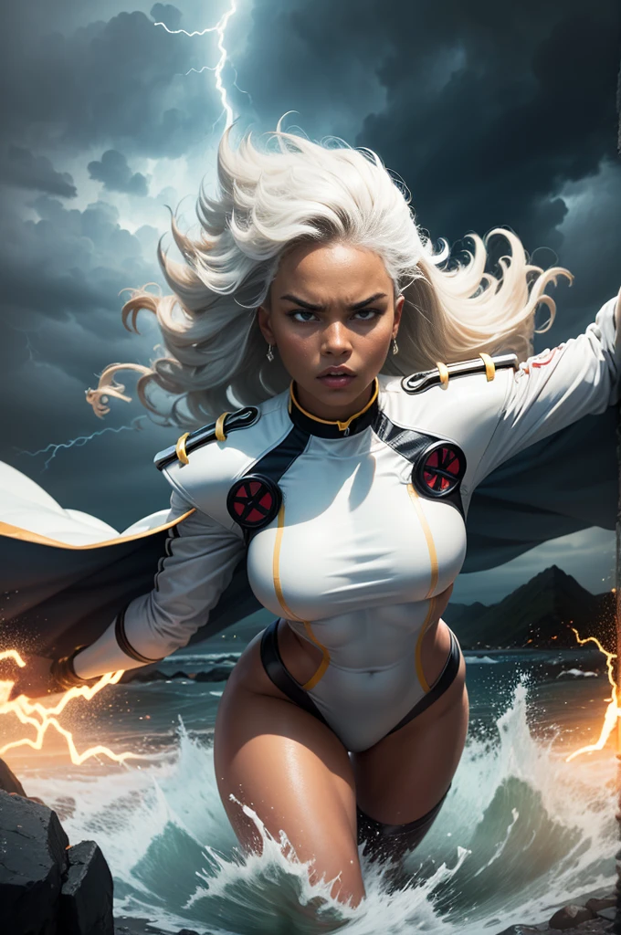 best quality,highres,ultra-detailed,realistic:1.37,professional, black skin, dynamic,action shot,storm character art,storm from the X-Men,storm conjuring lightning,storm with flowing white hair,storm with intense gaze,storm in a powerful pose,strong facial features,storm's iconic cape,storm surrounded by storm clouds,storm with dramatic lighting,storm's eyes glowing white,storm's lightning powers crackling,storm with an intense expression,storm with a determined look,storm wearing her classic costume,storm floating in the air,storm with winds swirling around her,storm creating a thunderstorm,storm casting lightning bolts,storm's cape billowing in the wind,storm with a fierce and confident posture,vivid colors,bokeh,portrait