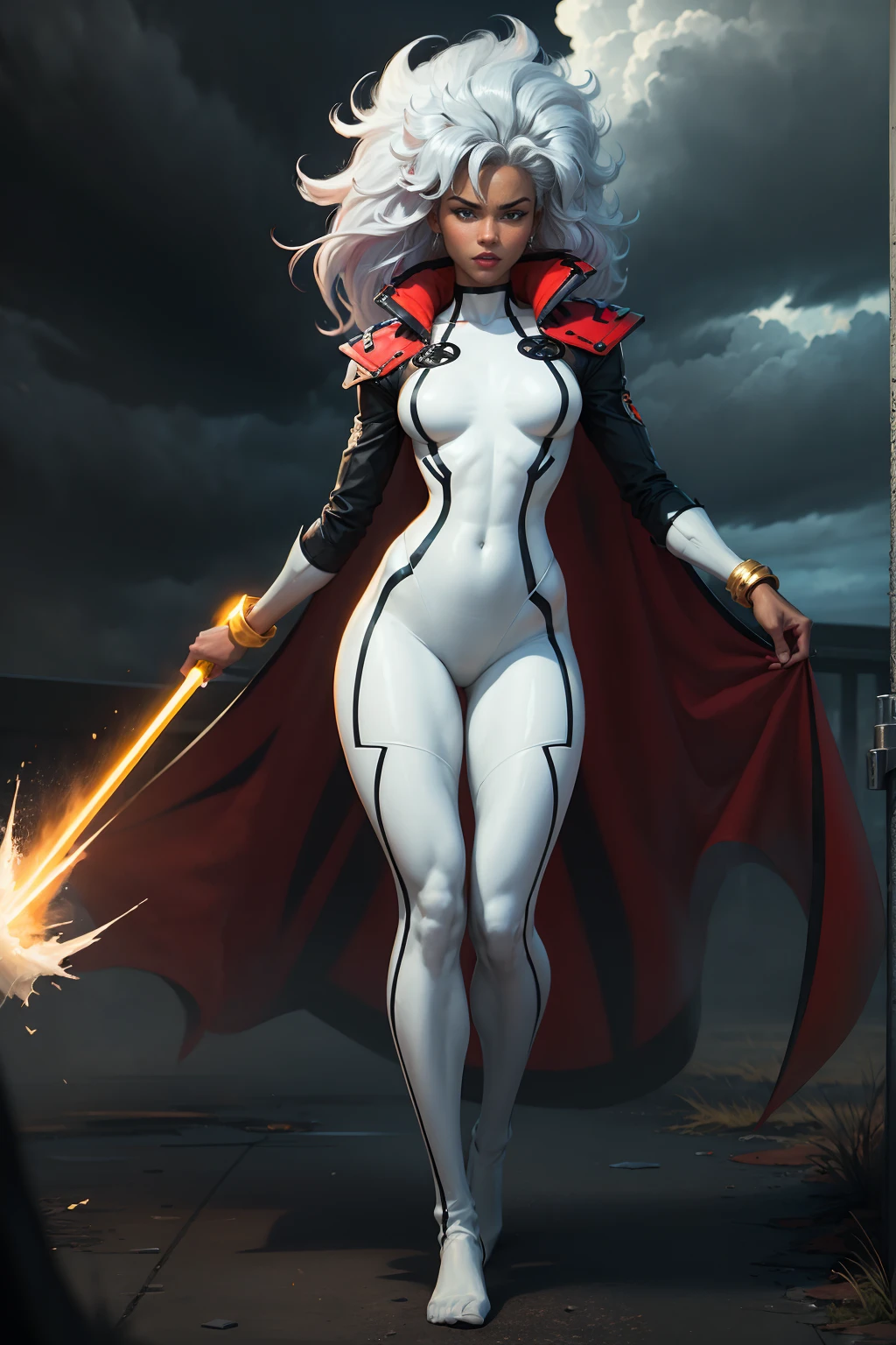 ((Full body photo, standing, feet on the floor))  best quality,highres,ultra-detailed,realistic:1.37,professional, black skin, dynamic,action shot,storm character art,storm from the X-Men,storm conjuring lightning,storm with flowing white hair,storm with intense gaze,storm in a powerful pose,strong facial features,storm's iconic cape,storm surrounded by storm clouds,storm with dramatic lighting,storm's eyes glowing white,storm's lightning powers crackling,storm with an intense expression,storm with a determined look,storm wearing her classic costume,storm floating in the air,storm with winds swirling around her,storm creating a thunderstorm,storm casting lightning bolts,storm's cape billowing in the wind,storm with a fierce and confident posture,vivid colors,bokeh,portrait