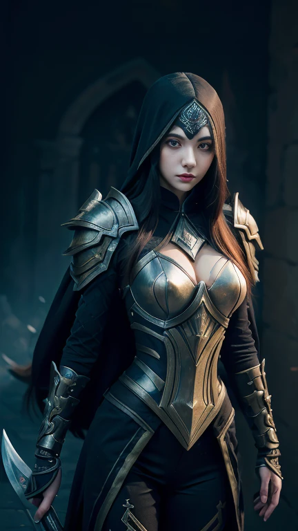 DOTA2, Phantom Assassin, full body armor, helmed head, holding daggers, hell, full body, break (masterpiece:1.2), highest quality, High resolution, unity 8k wallpaper, (shape:0.8), (beautiful and detailed eyes:1.6), highly detailed face, perfect lighting, Very detailed CG, (perfect hands, perfect anatomy)