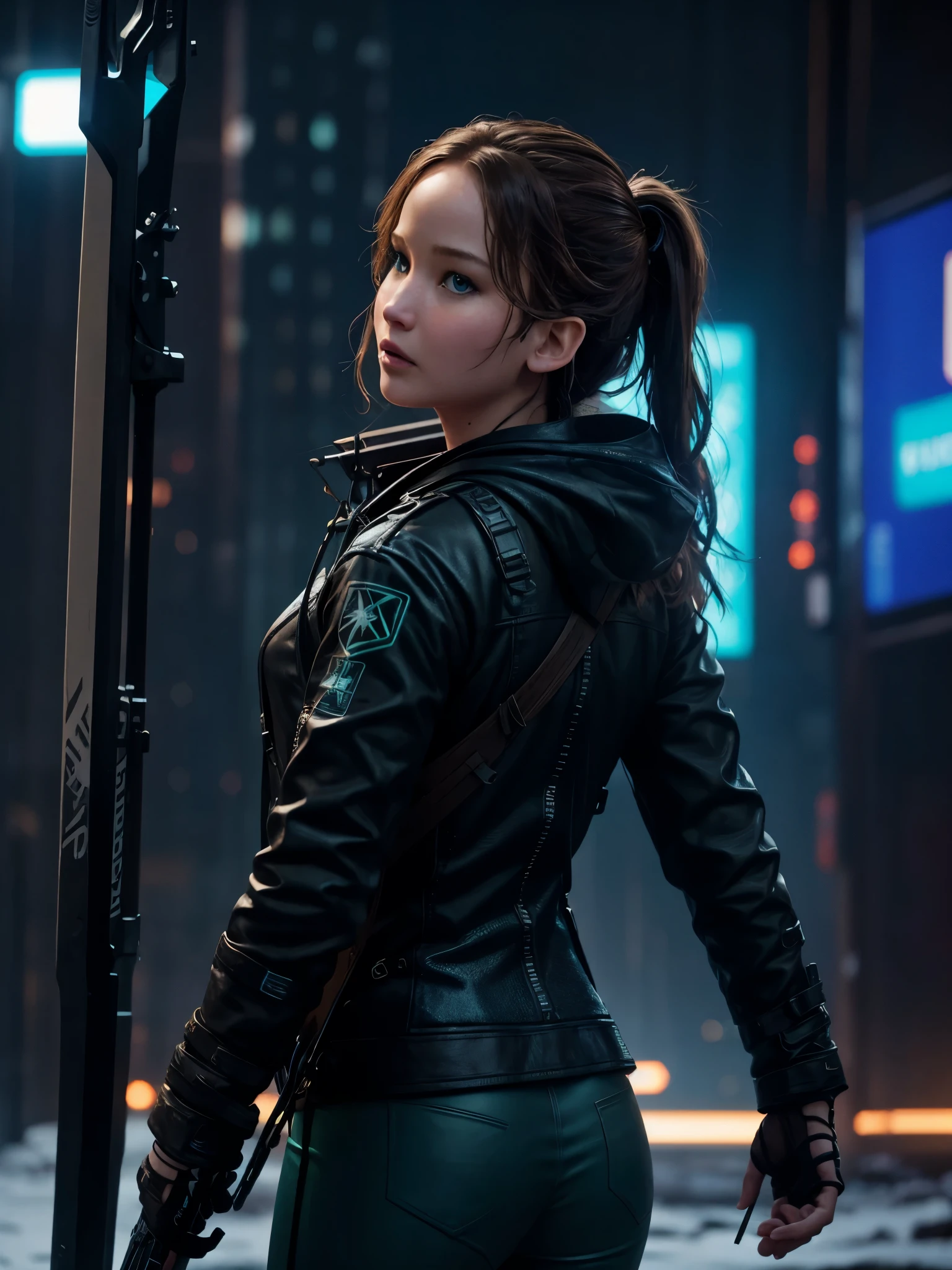 Photorealistic, high fidelity, RTX. Imagine Jennifer Lawrence as a teenage girl from the Hunger Games, turned to the back, behind shot, with a crossbow and arrows, exploring a snowy landscape in a cyberpunk city. Neon lights and holograms create a winter wonderland with a futuristic twist. Her stylish outfit and energetic pose showcase her adventurous spirit and love for cyberpunk winter adventures.