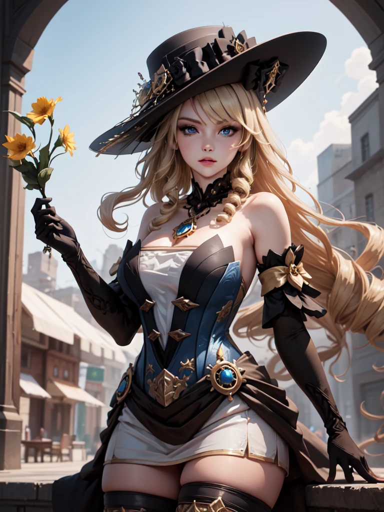 (masterpiece, best quality), 1girl,  navia,long hair,blonde hair,hat, witch hat,blue eyes,dress,bangs,black headwear,gloves,bare shoulders,flower,jewelry,thighhighs,black gloves,drill hair,detached sleeves,