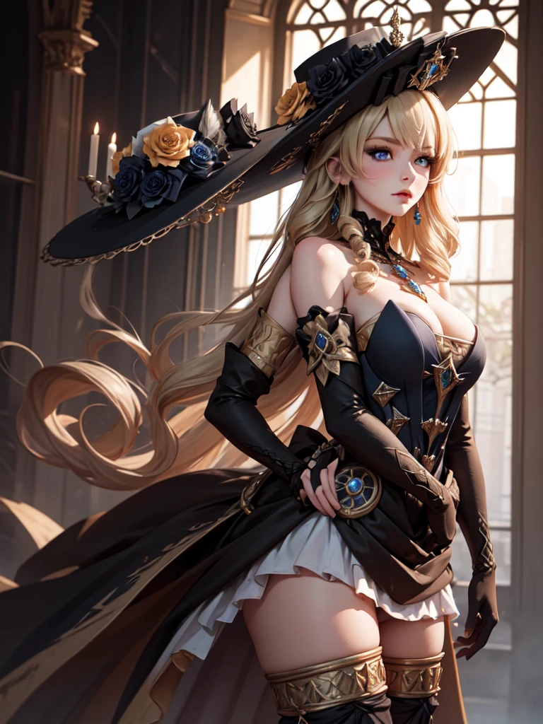 (masterpiece, best quality), 1girl,  navia,long hair,blonde hair,hat, witch hat,blue eyes,dress,bangs,black headwear,gloves,bare shoulders,flower,jewelry,thighhighs,black gloves,drill hair,detached sleeves,