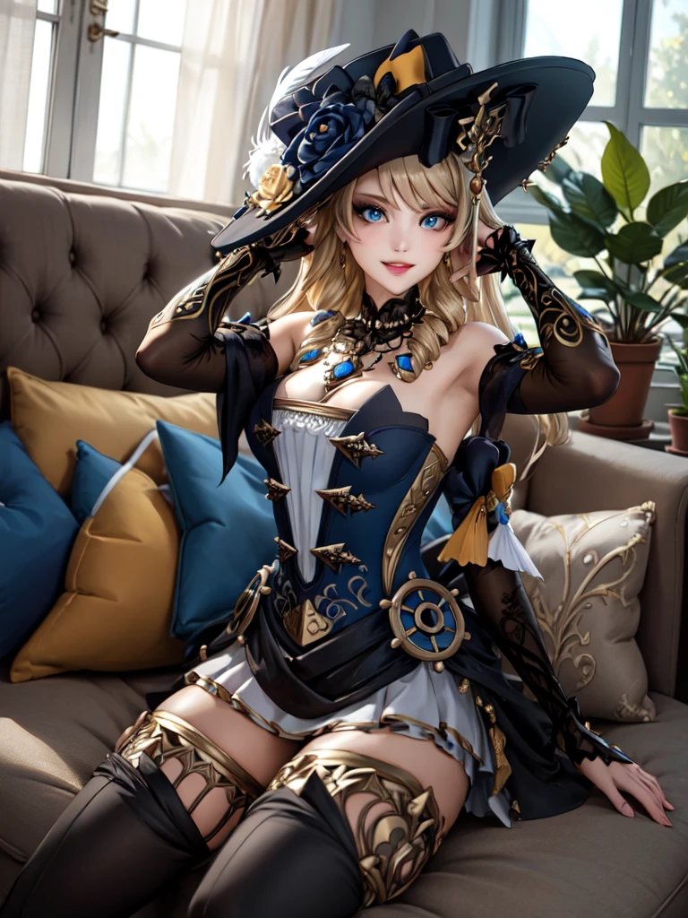 (masterpiece, best quality, detailed), 1girl, solo, blue eyes, drill hair, bangs, looking at viewer, long hair, dress, hat, hat flower, hat feather, jewelry, flower, gloves, detached sleeves, elbow gloves, hat feather, thighhighs, thigh boots,
indoors, couch, pillow, window, curtains, potted plant, dutch angle, on back, arms behind head, smile, parted lips