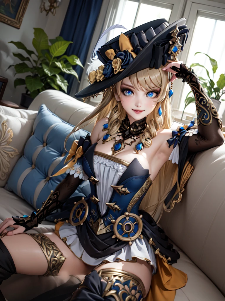 (masterpiece, best quality, detailed), 1girl, solo, blue eyes, drill hair, bangs, looking at viewer, long hair, dress, hat, hat flower, hat feather, jewelry, flower, gloves, detached sleeves, elbow gloves, hat feather, thighhighs, thigh boots,
indoors, couch, pillow, window, curtains, potted plant, dutch angle, on back, arms behind head, smile, parted lips