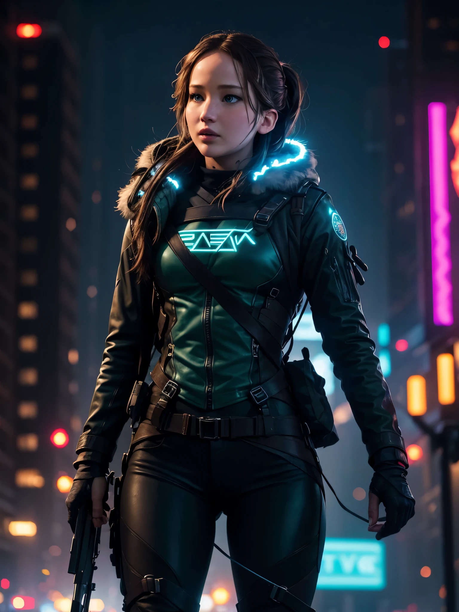 Photorealistic, high fidelity, RTX. Imagine Jennifer Lawrence as a teenage girl from the Hunger Games, turned to the back, behind shot, with a crossbow and arrows, exploring a snowy landscape in a cyberpunk city. Neon lights and holograms create a winter wonderland with a futuristic twist. Her stylish outfit and energetic pose showcase her adventurous spirit and love for cyberpunk winter adventures.