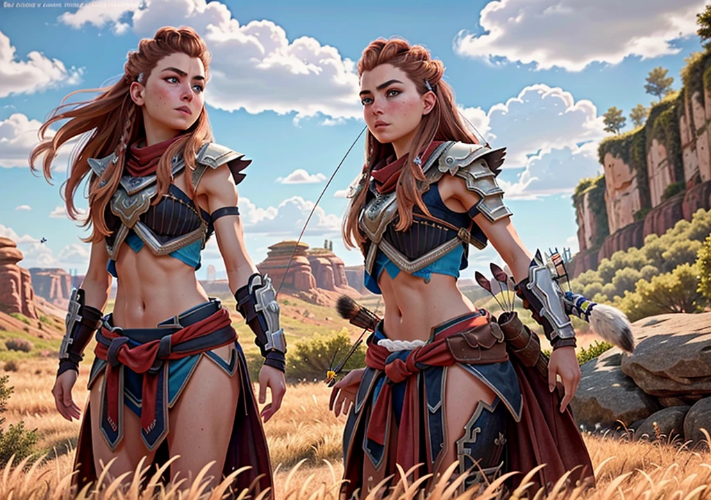 AloyHorizon, solo, long hair, brown hair, hair ornament, navel, brown eyes, aming with a bow, outdoors, parted lips, sky, day, midriff, red hair, from behind, armor, blue sky, lips, looking away, thick eyebrows, shoulder armor, freckles, showing big ass, half naked, full body. 