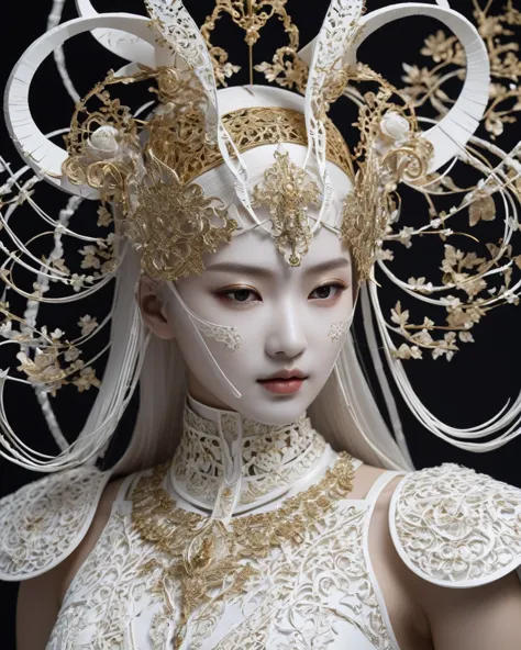 close-up of a female sculpture, a surrealist sculpture, inspired by lee joong keun, delicate white armor, fractal automata, perf...