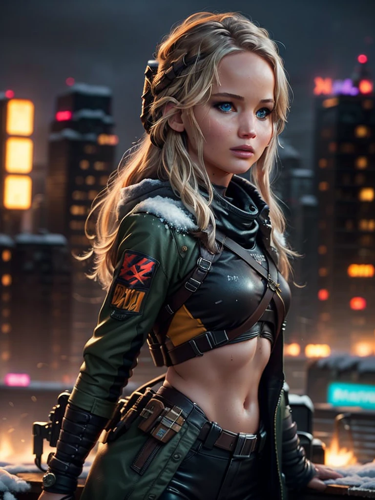 Photorealistic, high fidelity, RTX.  Jennifer Lawrence as a teenage girl from the Hunger Games, turned to the back, behind shot, she have metal crossbow and arrows, exploring a snowy landscape in a cyberpunk city. Neon lights and holograms create a winter wonderland with a futuristic twist. Her stylish outfit and energetic pose showcase her adventurous spirit and love for cyberpunk winter adventures.