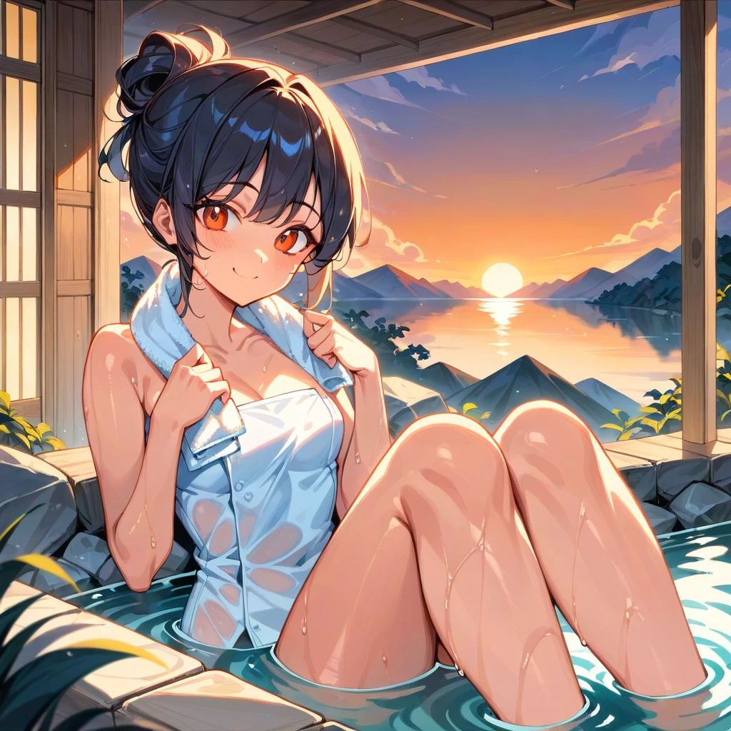 score_9, score_8_up, score_7_up, score_6_up, score_5_up, score_4_up,source_anime、1girl、2D, flat, black hair, short cut, smile, sweat, towel, mist, hands up, (soak in the hot spring water up to her chest), hair up, Sunset, evening, summer, opaque hot water, foot focus、rating_safe