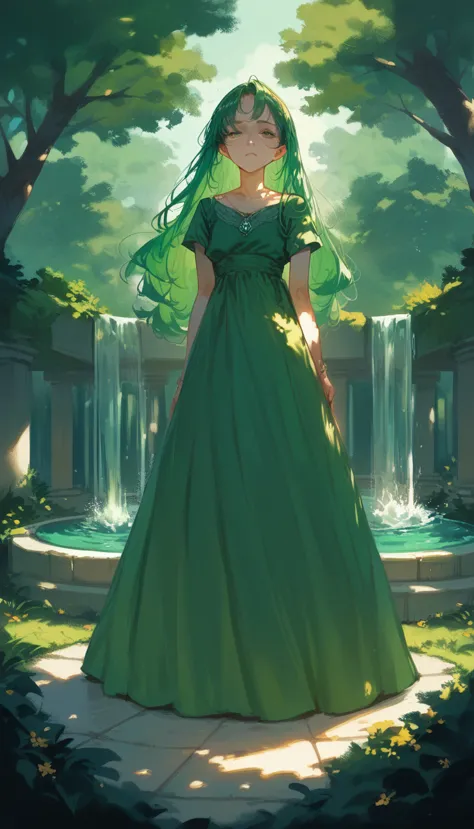 the goddess of the spring, emerald green hair, long hair that reaches down to her waist, scene of rising from the fountain, sunl...