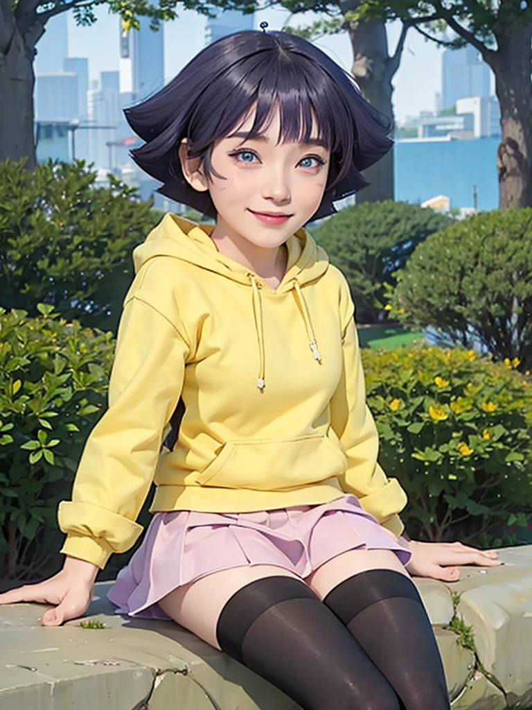 1girl, himawari anime naruto shipudden, short hair , purple hair, blue eyes, beautiful, Yellow clothes , smile, realistic clothes, detail clothes, city background, ultra detail, realistic