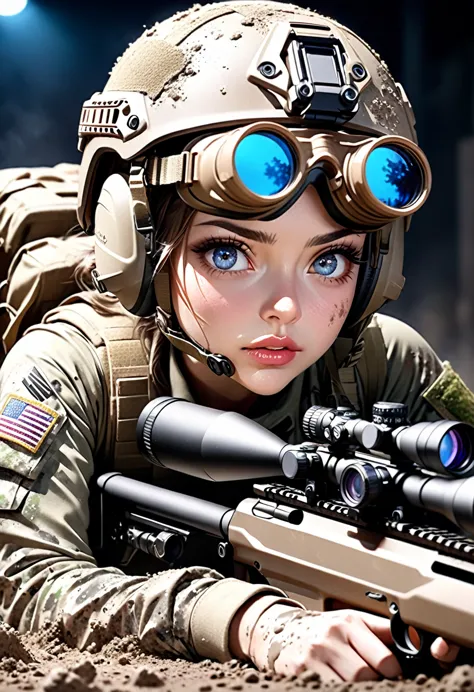 a beautiful modern female soldier sniper in an urban setting, lying prone on a rooftop wielding a high-quality long-range sniper...